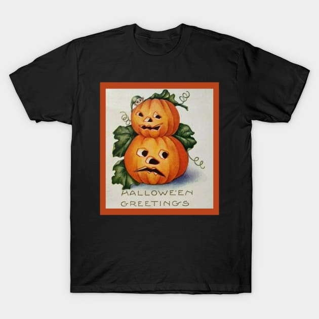 Vintage Look Halloween Stacked Pumpkins and Eerie Face T-Shirt by numpdog